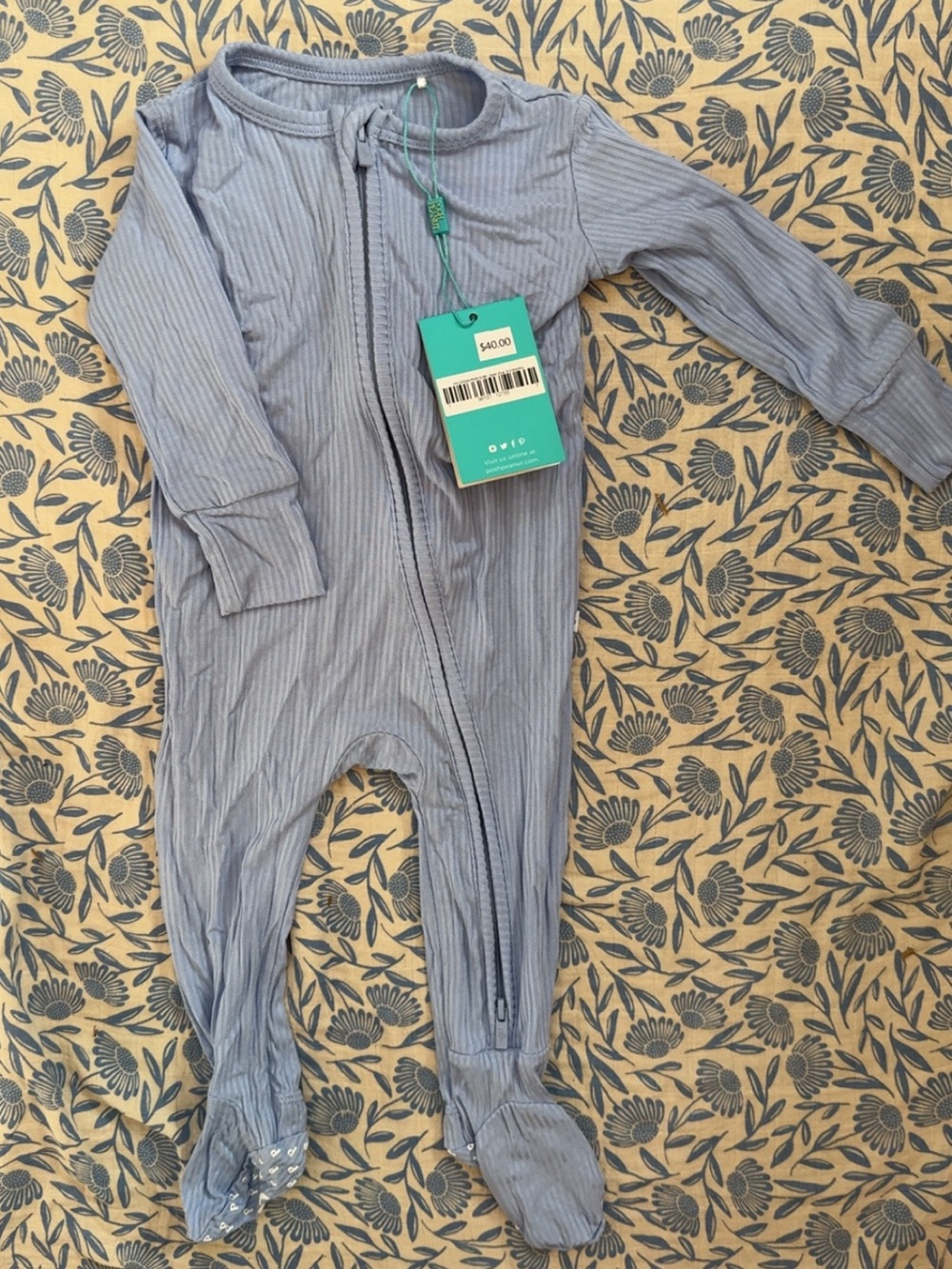 Posh Peanut Blue Ribbed Zip Front Baby One-Piece 6-9m